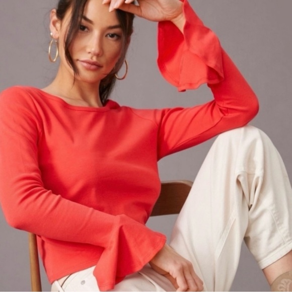 Anthropologie Tops - Anthropologie Maeve Coral Pink Neon Long Sleeve Flouncy Bell Sleeve Top Large